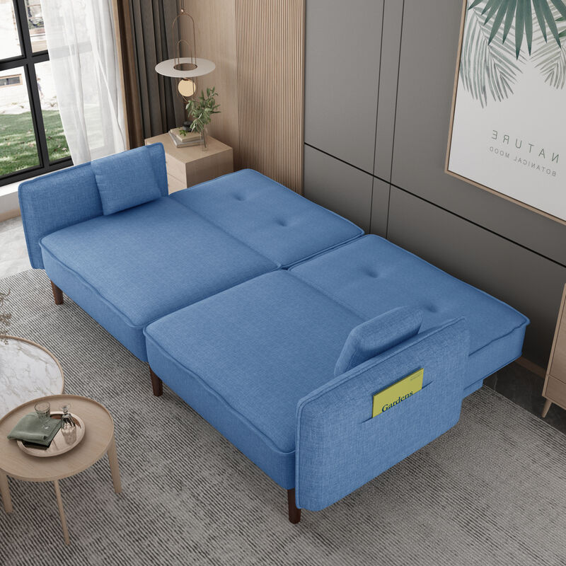 Living Room Bedroom Leisure Futon Sofa bed in Blue Fabric with Solid Wood Leg
