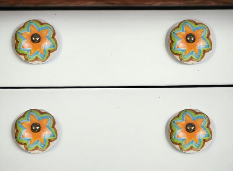 HomeRoots Set of Eight Blue And Orange Ceramic And Metal Drawer Pull Knobs image number 1