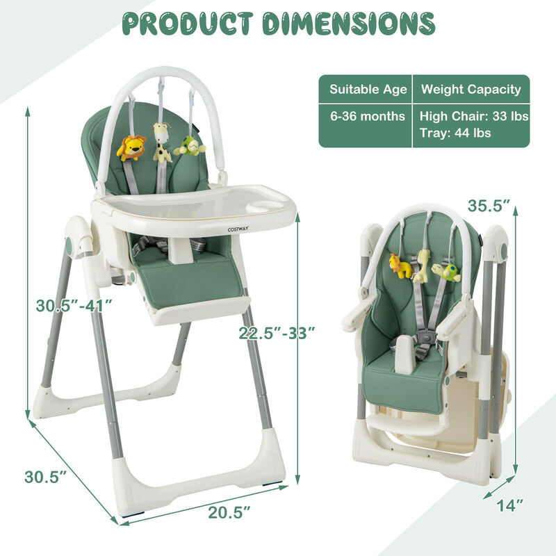 4-in-1 Foldable Baby High Chair with 7 Adjustable Heights and Free Toys Bar