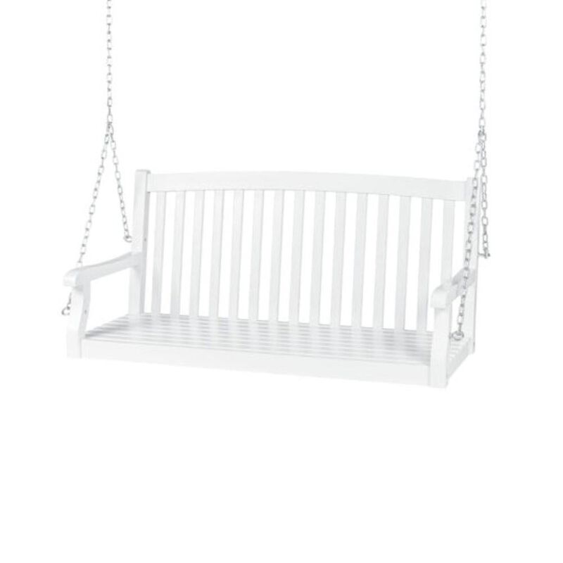 White Acacia Wooden Curved Back Hanging Porch Swing Bench with Mounting Chains