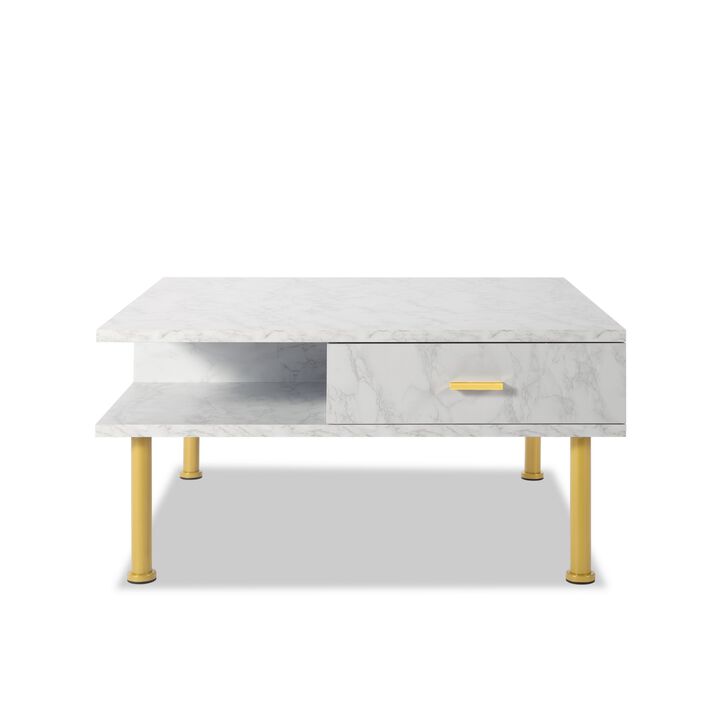 Victor 32 Inch Faux Marble Square Coffee Table, Drawers, Modern White, Gold-Benzara