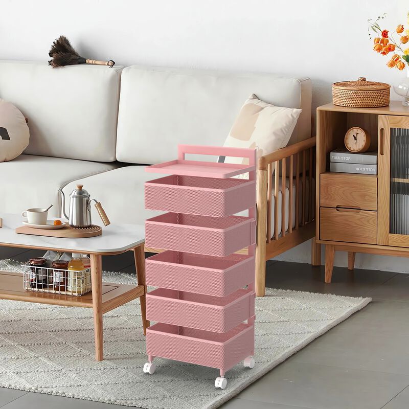 Rotating Kitchen Storage Rack with Handle, Fruit Vegetable Storage Shelf, Rolling Storage Cart, Multifunctional Household Shelf for Bedroom, Bathroom, Living Room(White, 5-Tier Pink)
