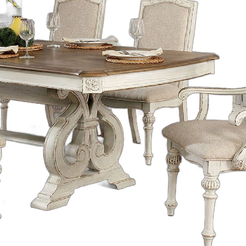 Arca 7pc Dining Table Set with Fabric Chairs, Antique White Solid Wood - Benzara