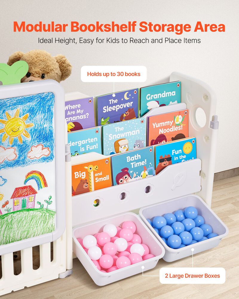 Kids Toy Storage &ndash; 4-Tier Cubby Cabinet with Bookshelf, Drawing Board, and Bins