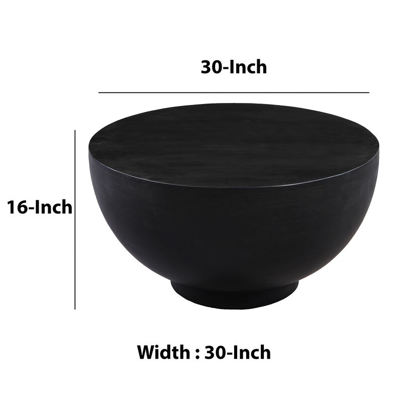 30 Inch Modern Art Coffee Table, Round Drum Shape, Solid Mango Wood, Matte Black