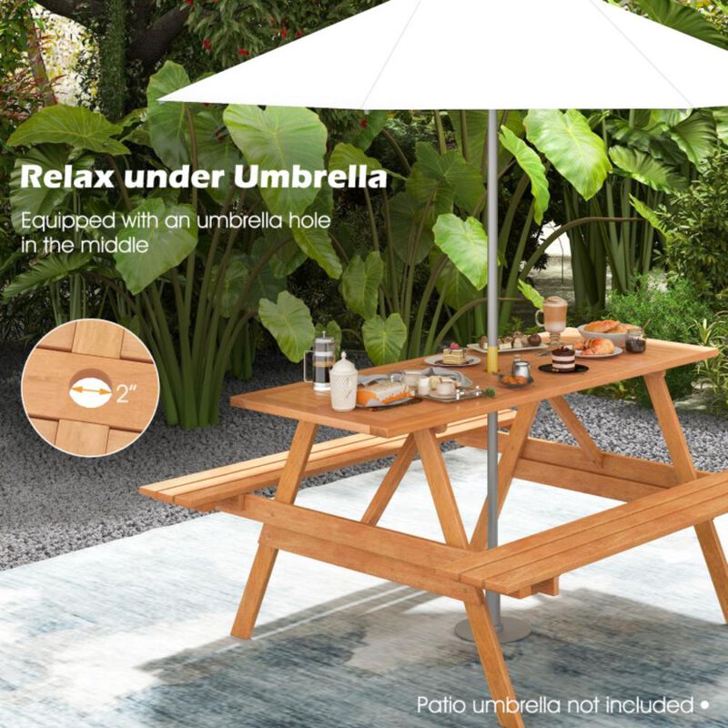 Hivvago 6 Person Picnic Table Set Patio Rectangle with 2 Built-in Benches and Umbrella Hole