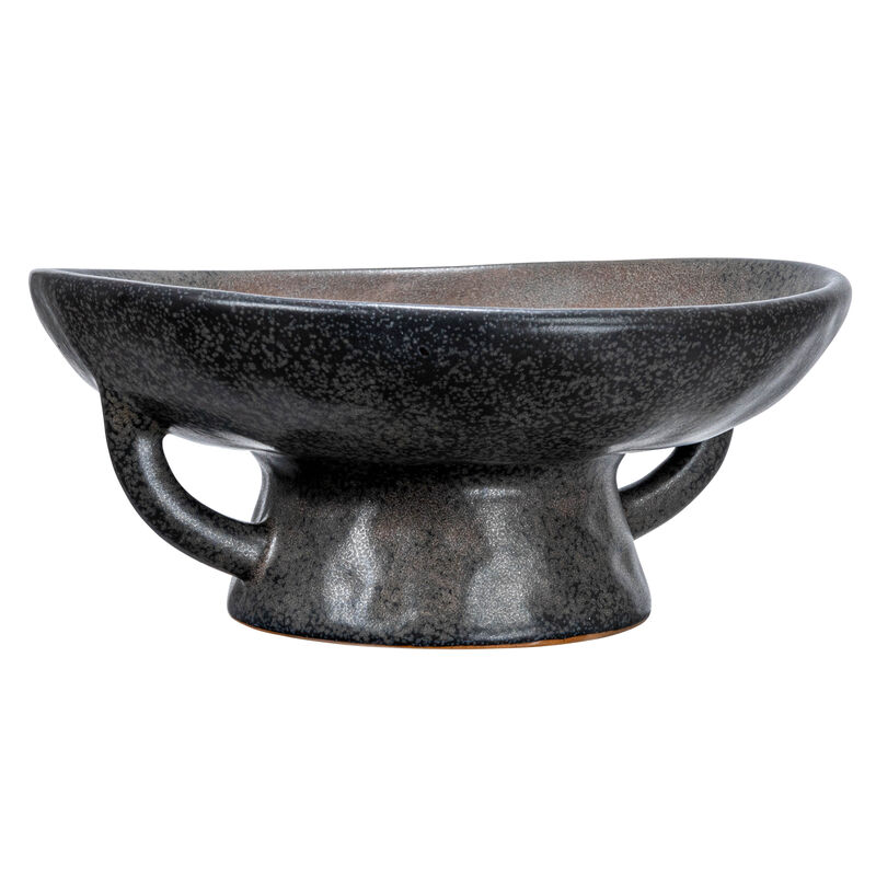 Stoneware Bowl with Handle and Base, Black Reactive Glaze image number 0