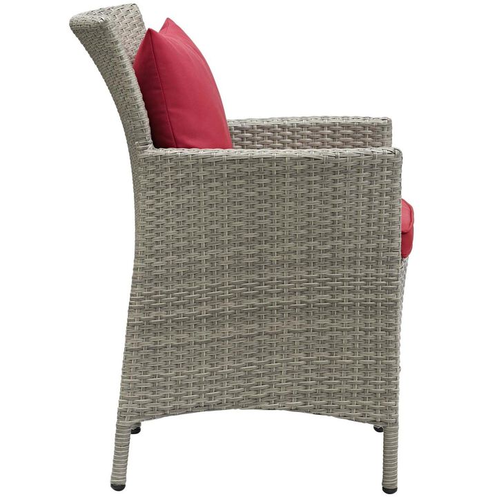 Modway Conduit Wicker Rattan Outdoor Patio Dining Arm Chair with Cushion in Light Gray Red