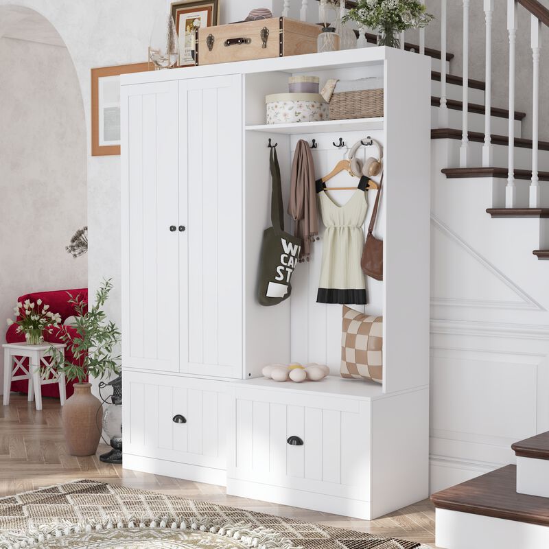 FUFU&GAGA White Hybrid Storage Wardrobe with Concealed Cabinet & Open Hanging, Dual Doors, Drawers, Shelf & Hooks (55.3" W x 17.7" D x 70.9" H)