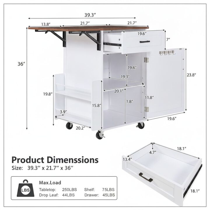 ELEMENT ACE Rolling Drop Leaf Kitchen Island Cart with Storage Drawer Open Side Rack Towel Rack Lockable Wheels for Small Kitchens