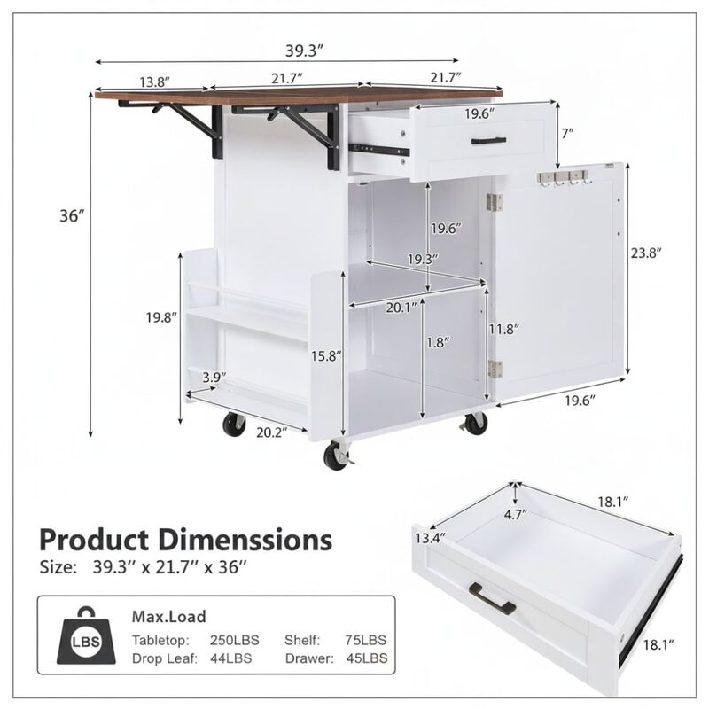 ELEMENT ACE Rolling Drop Leaf Kitchen Island Cart with Storage Drawer Open Side Rack Towel Rack Lockable Wheels for Small Kitchens image number 1