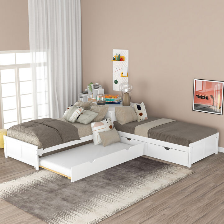 Merax L-shaped Platform Bed with Trundle and Drawers Linked with built-in Desk