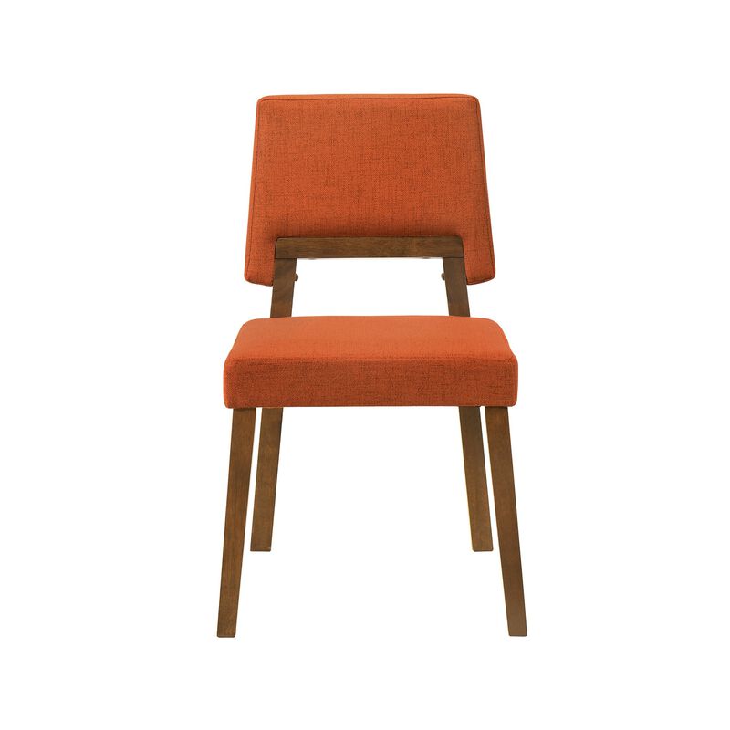 Yumi 23 Inch Dining Chair, Set of 2, Orange Fabric Seat, Walnut Brown - Benzara