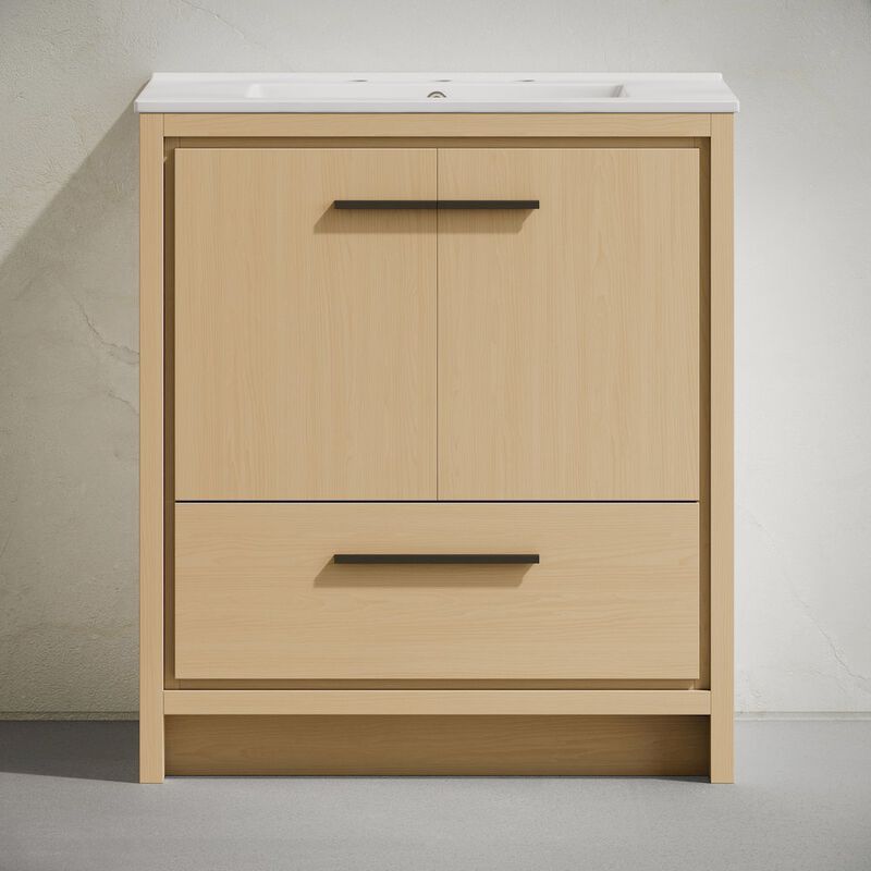 30" Freestanding Bathroom Vanity in Natural Oak with 3-Hole Widespread Sink Top image number 3
