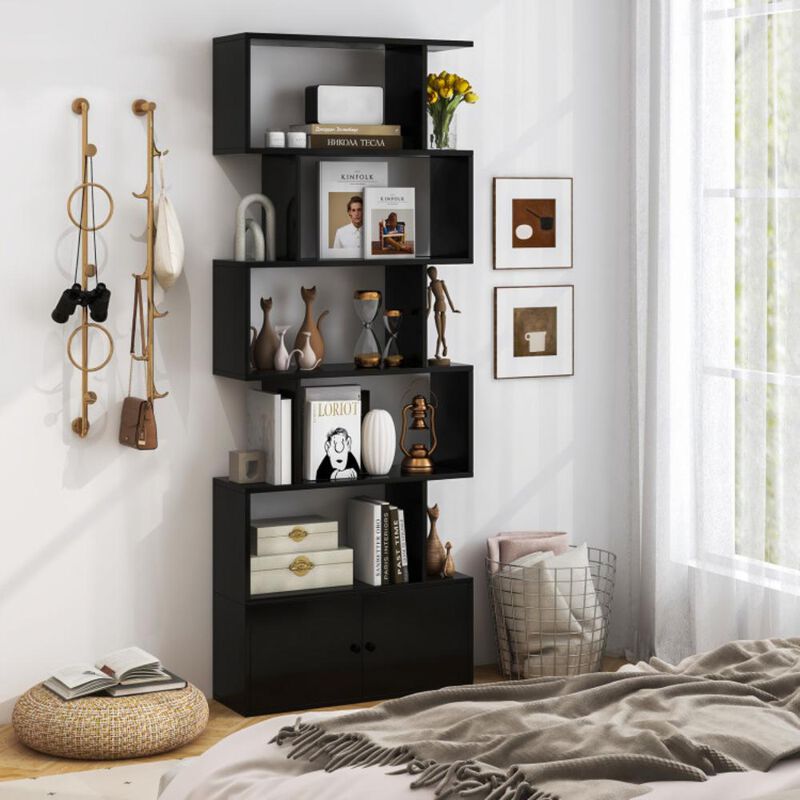 Hivvago 6-Tier S-Shaped Freestanding Bookshelf with Cabinet and Door