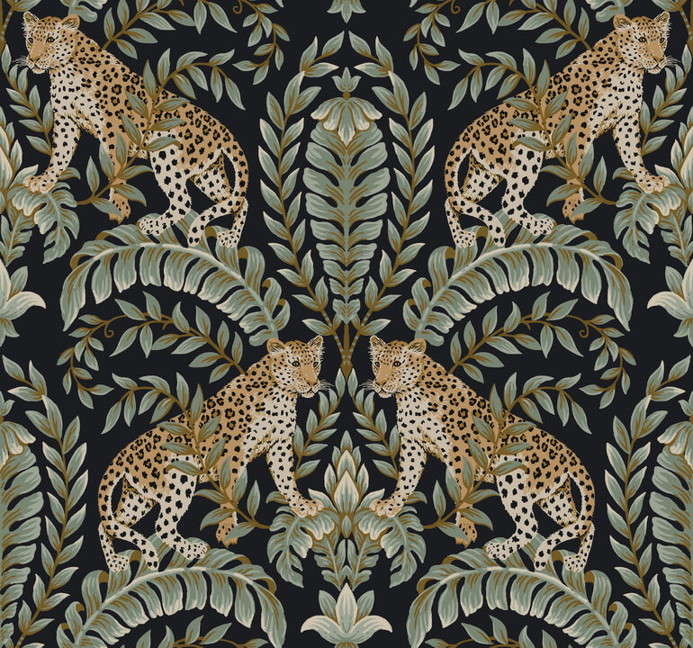 Jungle Leopard Black & Green Wallpaper