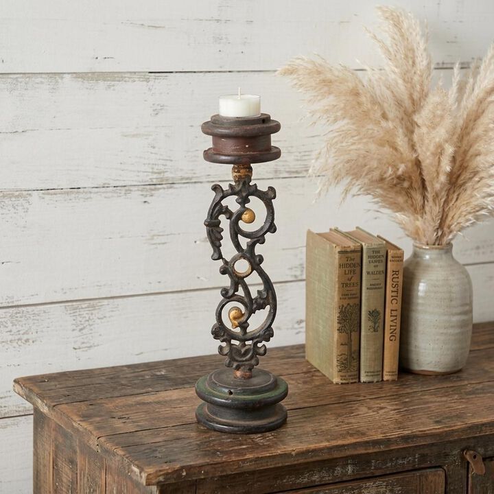 HomeRoots 16" Black Distressed Floral Metal Tabletop Tealight Candle Holder