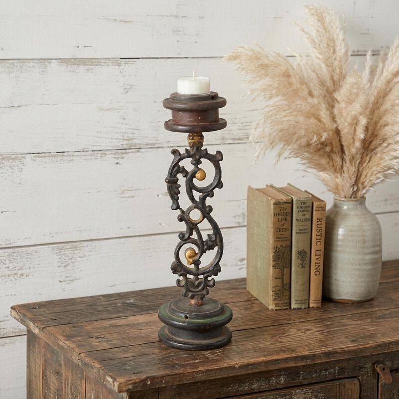 HomeRoots 16" Black Distressed Floral Metal Tabletop Tealight Candle Holder image number 1