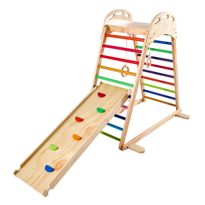 Montessori Indoor Jungle Gym Playset for Kids, 4-in-1 Climbing Frame with Slide & Rings-Multi Color