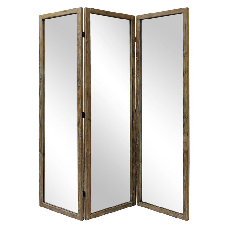 70 Inch 3 Panel Mirror Room Divider, Wood Frame, Distressed Brown-Benzara