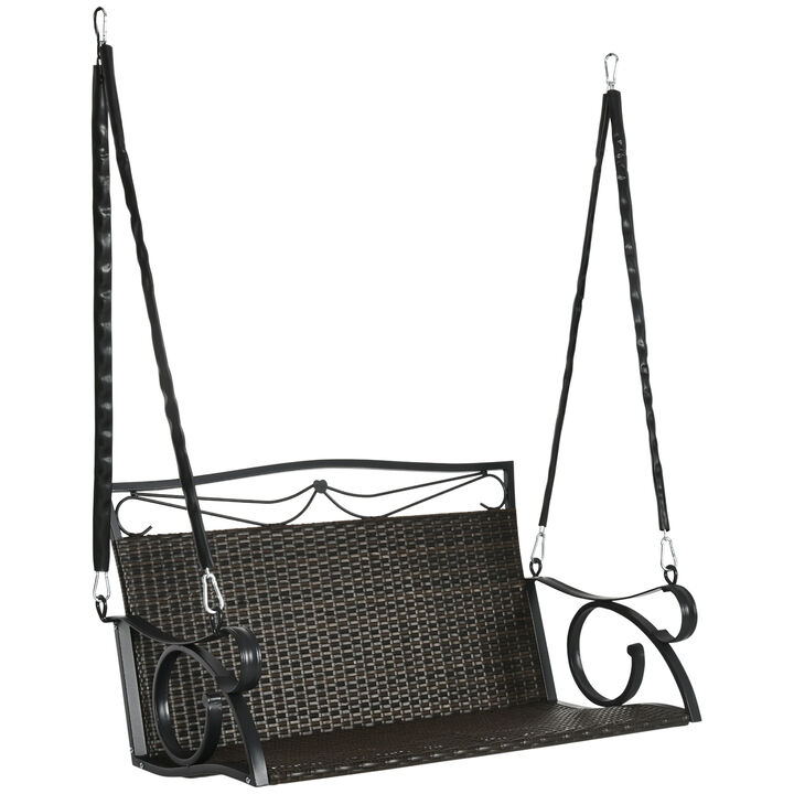 Outsunny PE Wicker Porch Swing, 2-Seater Hanging Swing Bench with Chains, 528 LBS Weight Capacity, Flourishes, Brown
