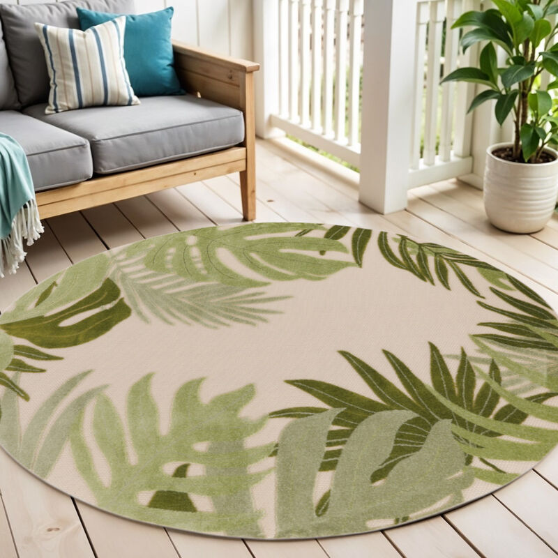HomeRoots 5' Ivory And Green Round Palm Leaf Indoor Outdoor Area Rug image number 1