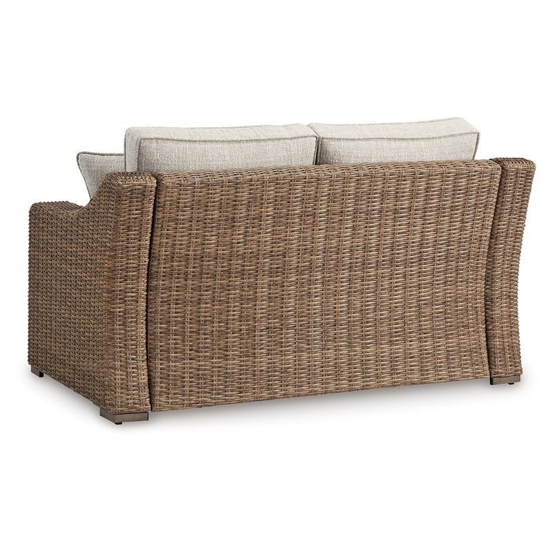 Tira Outdoor Loveseat, 57 Inch Handwoven Resin Wicker, Beige, Pillows