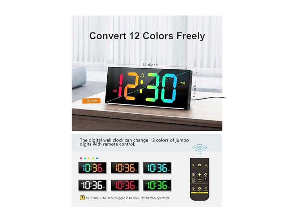 Digital Full Screen Display RGB Wall Clock 12 Inch Glow In Dark