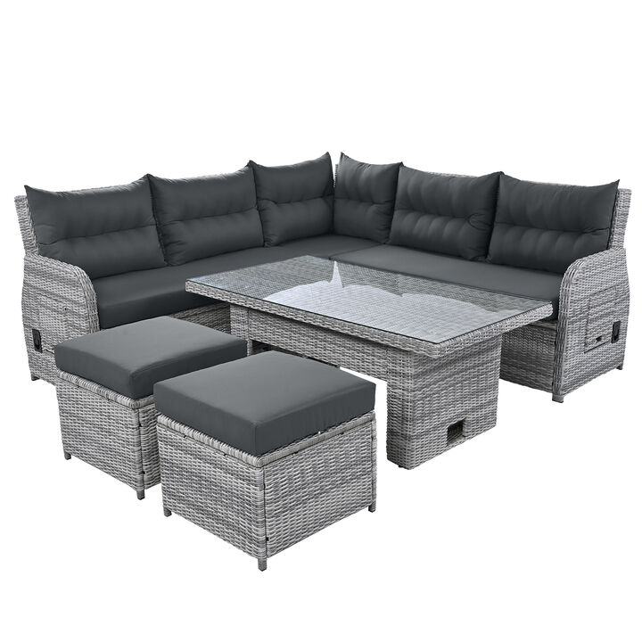Whisen Outdoor Furniture Set Patio Rattan Furniture Set with an Adjustable Table, Recliners with Extendable Side Tables