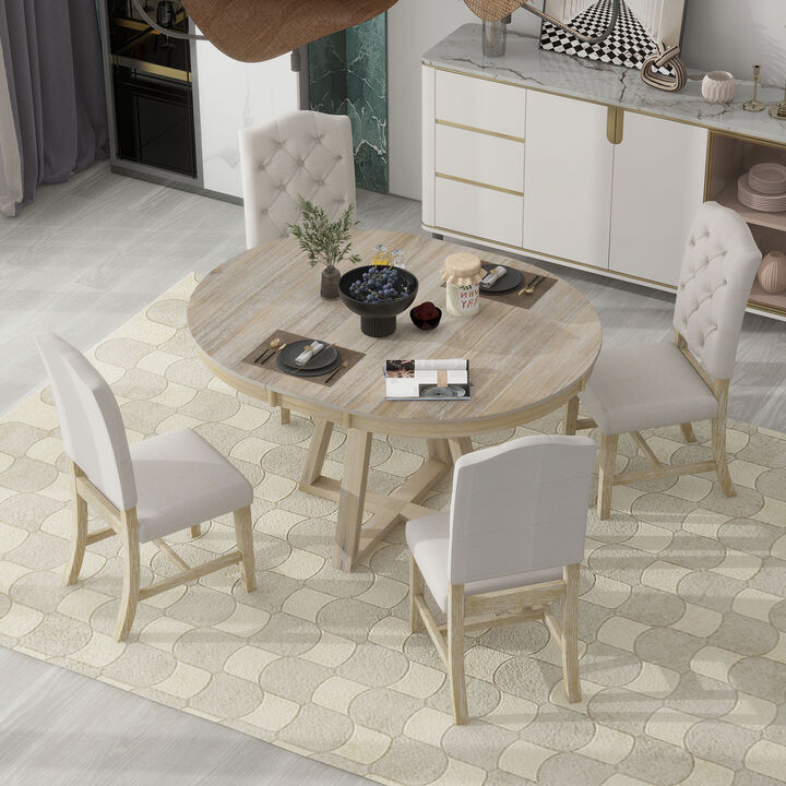 Whisen Retro Style 5-Piece Extendable Dining Set with 4-Botton Tufted Upholstered Chairs - Natural
