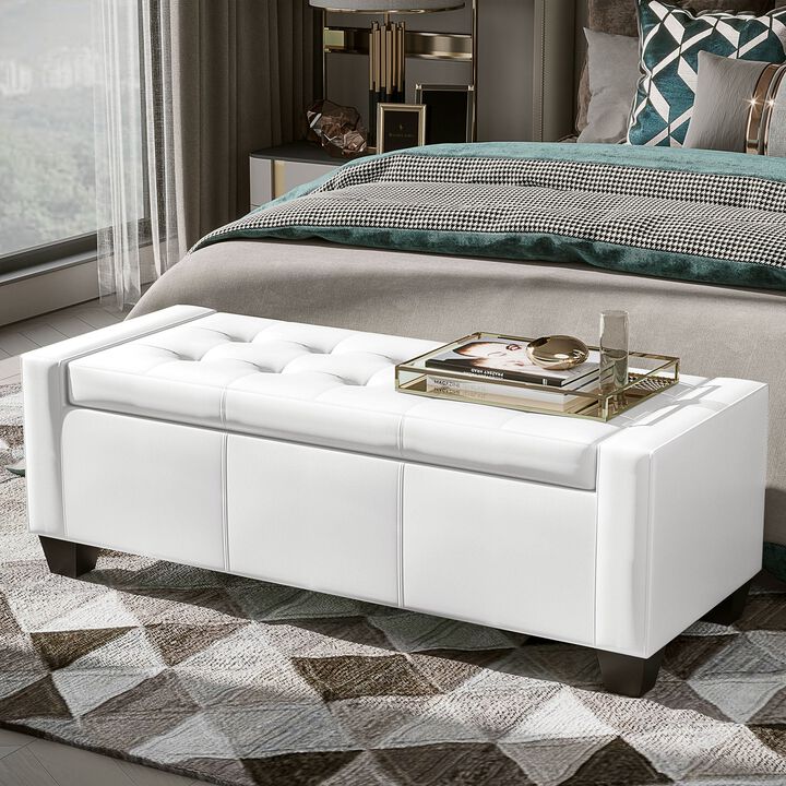 50.5" Faux Leather Rectangular Tufted Storage Ottoman Bench for Living Room, Entryway, or Bedroom, White