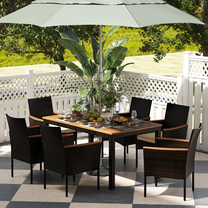 Mondawe 7-Piece Rattan Dining Set,Acacia Wood Table W/ Umbrella Hole & Ergonomic Stackable Chairs