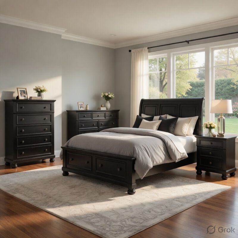 Queen Size Bedroom Set, Traditional Carved Wood Design, Black Finish, 4-Piece Set with Bed, Nightstands and Dresser image number 1