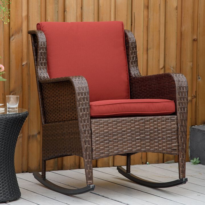 Wine Red Patio Wicker Rocking Chair: Outdoor PE Rattan Swing Chair with Soft Cushions, Classic Style for Garden, Patio, Lawn