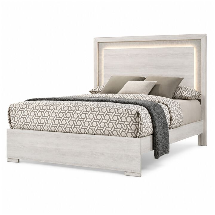 Nomi 4pc Queen Bedroom Set w LED Headboard, Stone Gray Drawers