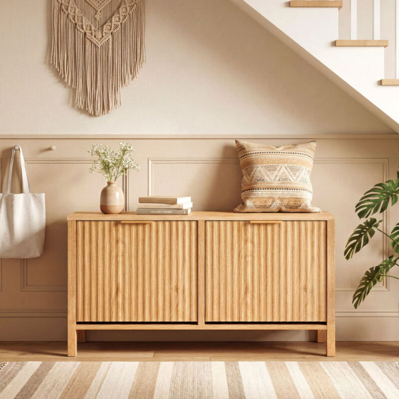 Entryway Shoe Storage Bench with 2 Flip Drawers &ndash; Narrow Wooden Design image number 1