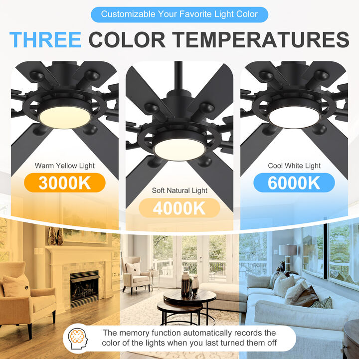 Breezary 72" Ceiling Fan with Light and Remote Control, 8 Blade, 6 Speed