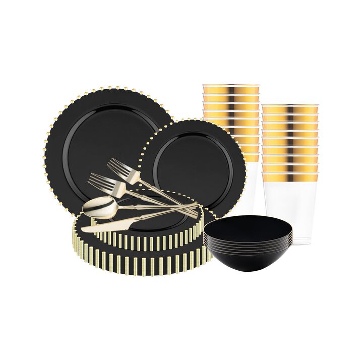 Black with Gold Pearl String Round Plastic Tableware Set (60 Sets)