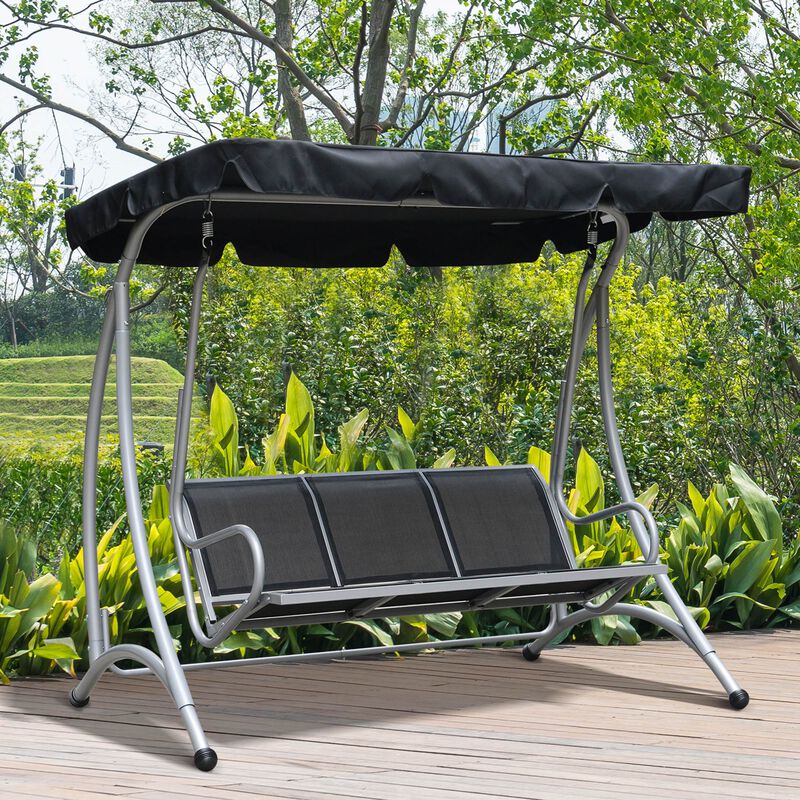 Outsunny 3-Seat Patio Swing Chair, Outdoor Canopy Swing with Stand, Adjustable Shade, Steel Frame for Adults, Garden, Poolside, Black