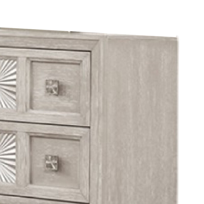 Diaz Wide Dresser, 6 Drawers, Sunburst Metal Design, Light Gray Wood - Benzara