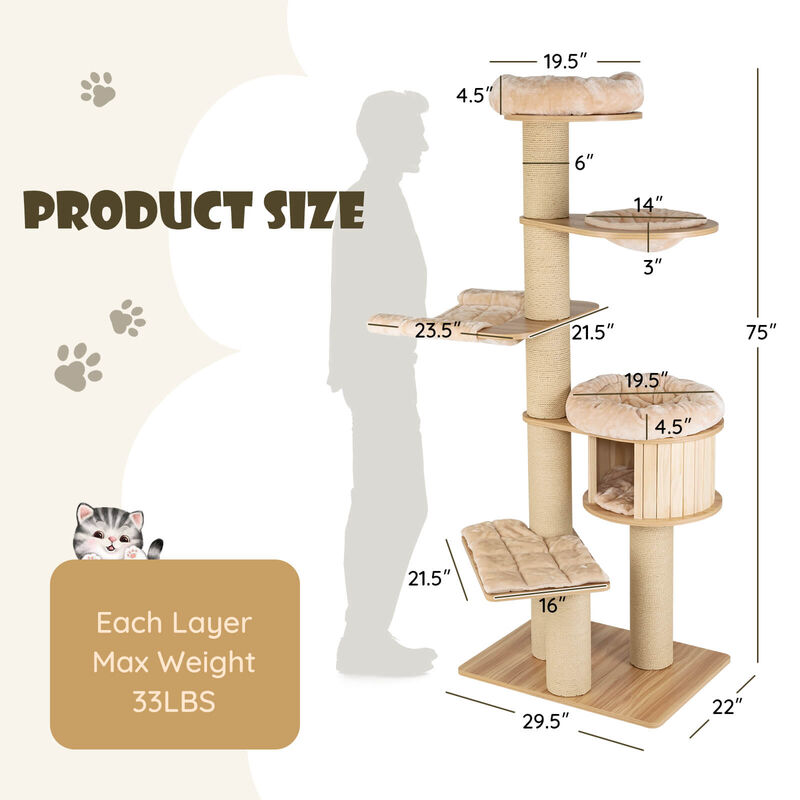 Modern Tall Cat Tree Tower with Scratch Posts and Washable Mats-Beige image number 4