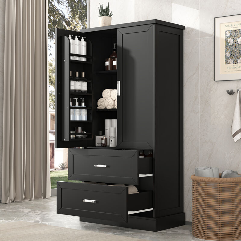 Whisen Tall Bathroom Storage Cabinet, Cabinet with Two Doors and Drawers