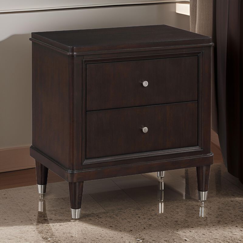 Amber Nightstand, 2 Drawers, Round Metal Knobs, Tapered Legs, Brown Wood - Benzara