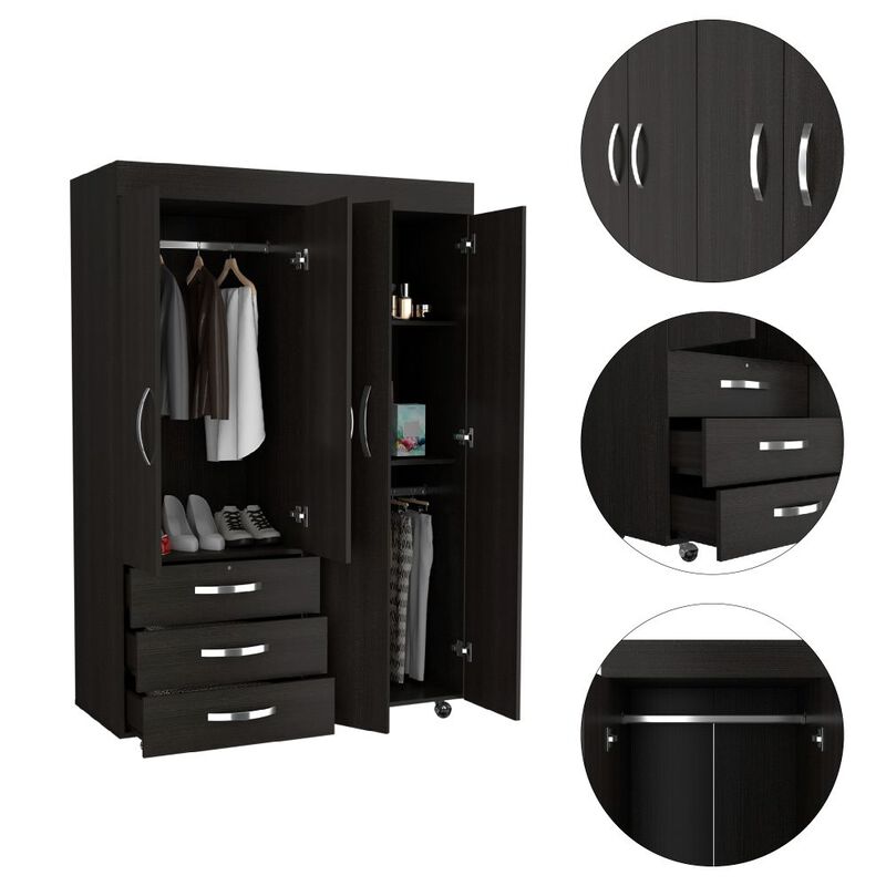 DEPOT E-SHOP Hamilton Mobile Armoire, Double Door Cabinet, Three Drawers, Rods, Two Shelves, Black image number 3