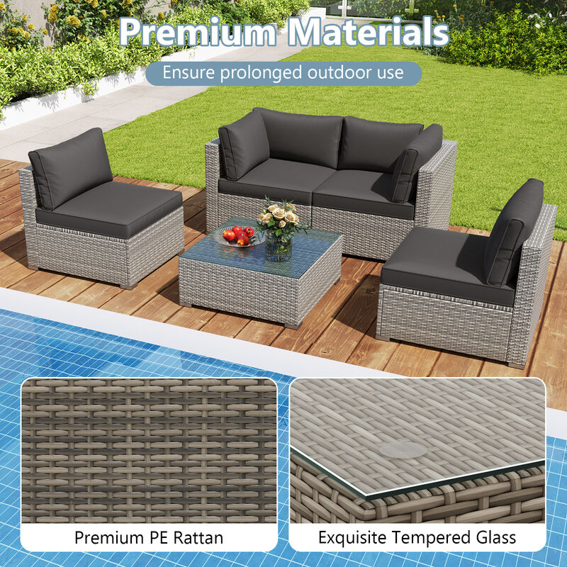 5-Piece Outdoor Patio Sectional Sofa Couch and Glass Coffee Table with Cushions