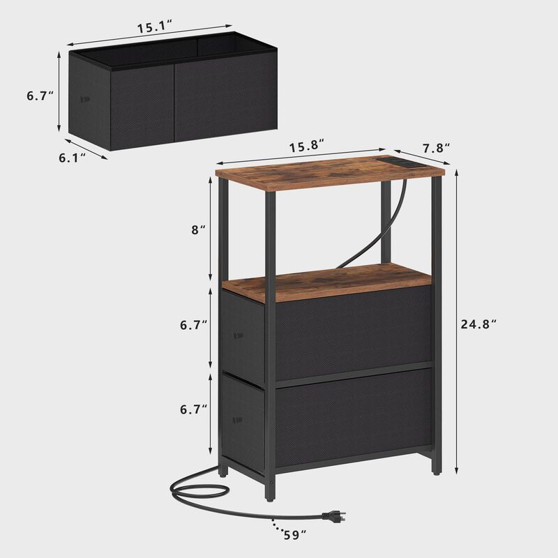 TUTOTAK Small Narrow End Table with Charging Station, Set of 2, Side Table with Outlets, Nightstand with 2 Cloth Drawers, Couch