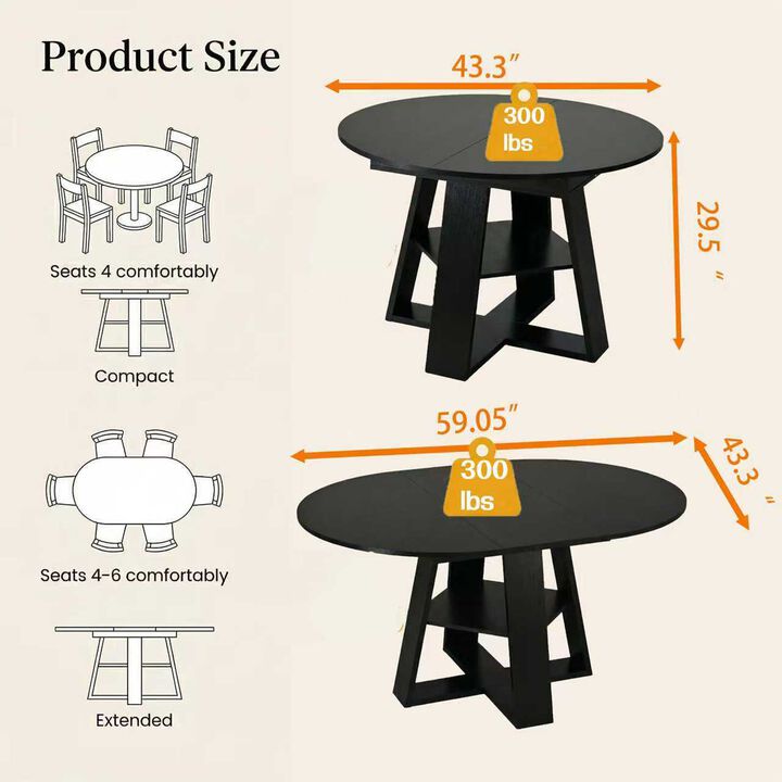 Extendable Round Dining Table for 4-8 People with Storage Shelf