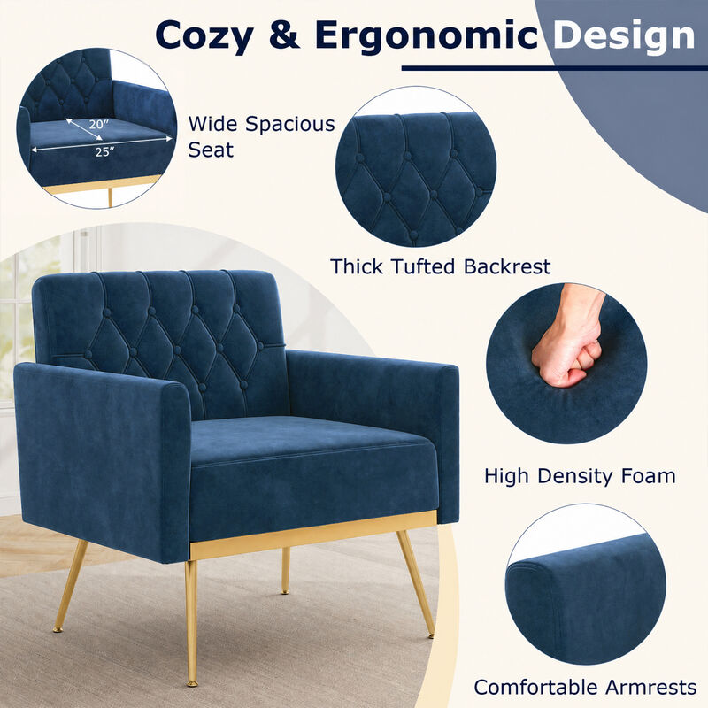 Modern Upholstered Accent Chair with Velvet Fabric and Button Tufted Back for Living Room image number 6