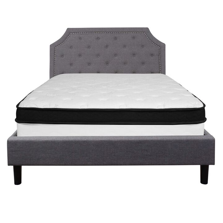 Brighton Queen Size Tufted Upholstered Platform Bed in Light Gray Fabric with Memory Foam Mattress