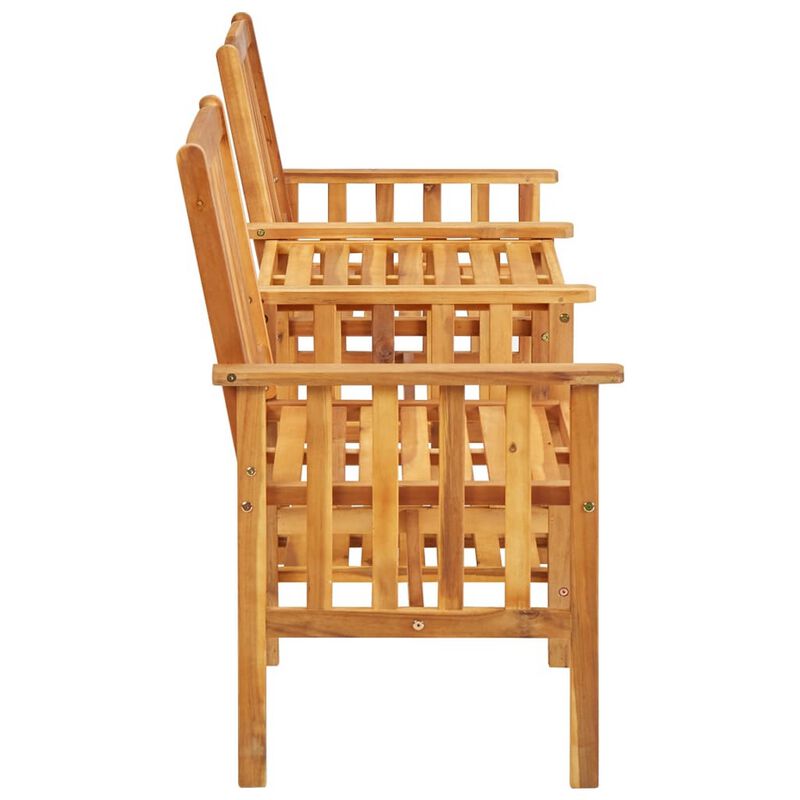 3pc Outdoor Patio Chairs w Attached Table, Slatted Solid Acacia Wood - Benzara